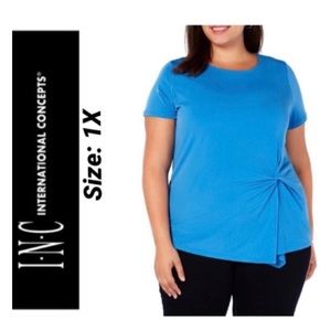 Blue short-sleeve top with ruching 1X
